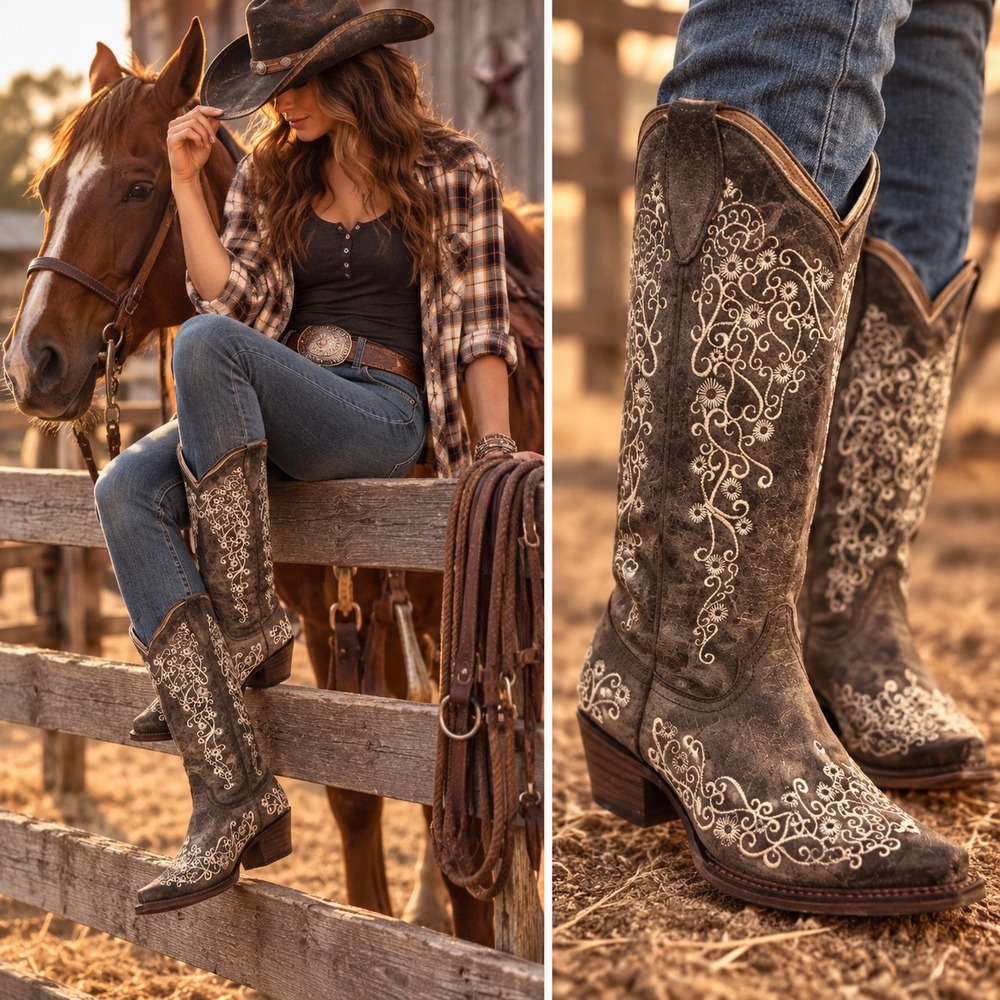 Corral Vintage Womens Brown Distressed Leather Floral Embroidered Boots  8.5M